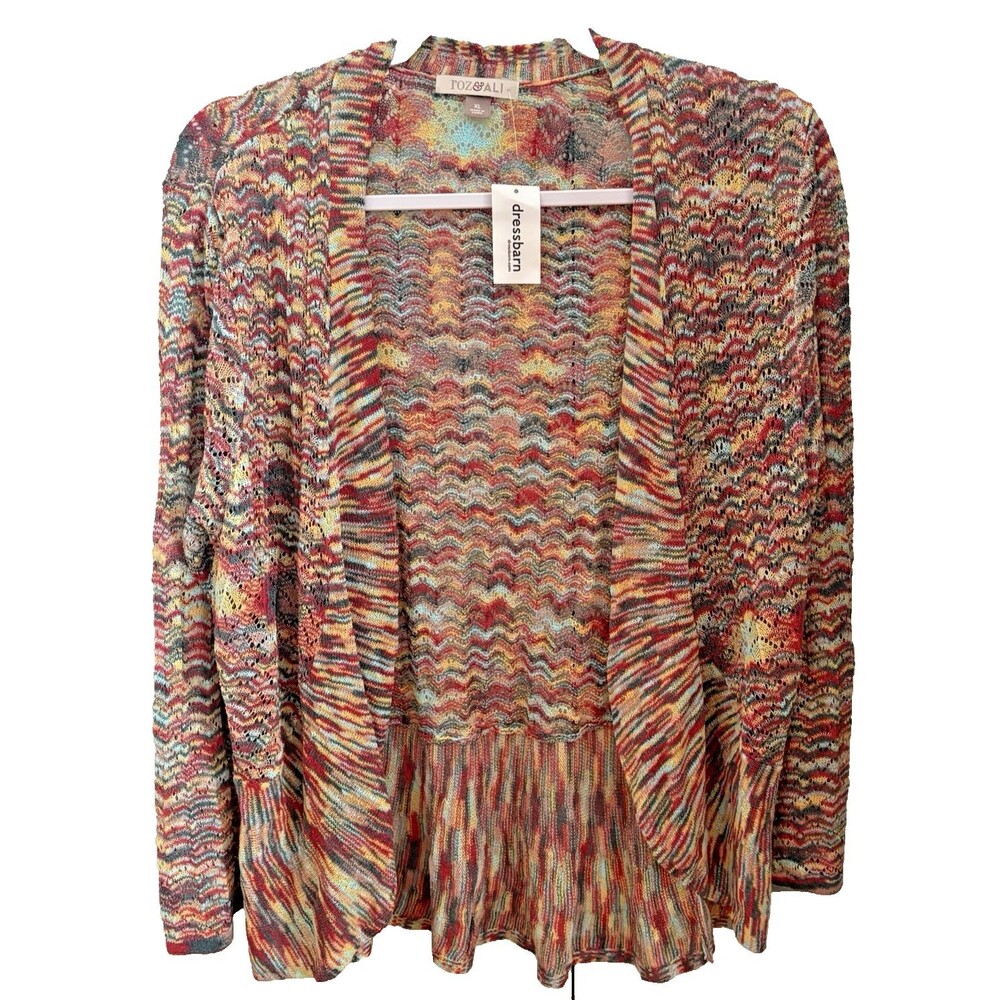 Roz & Ali Sweater Womens XL Cardigan Boho Open Front Multicolor Crochet Knit NWT
